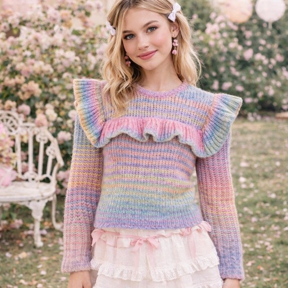 LoveShackFancy Sweaters - LoveShackFancy Yumi Pastel Rainbow Ruffle Space Dye Knit Sweater Pink Purple